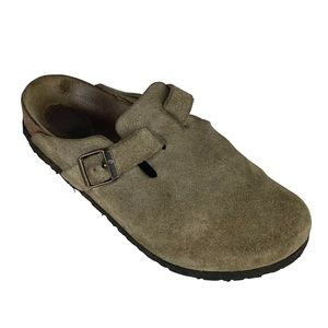 BIRKENSTOCK BOSTON CLASSIC SUEDE LEATHER TAUPE CORK SOLE SLIP ON CLOGS